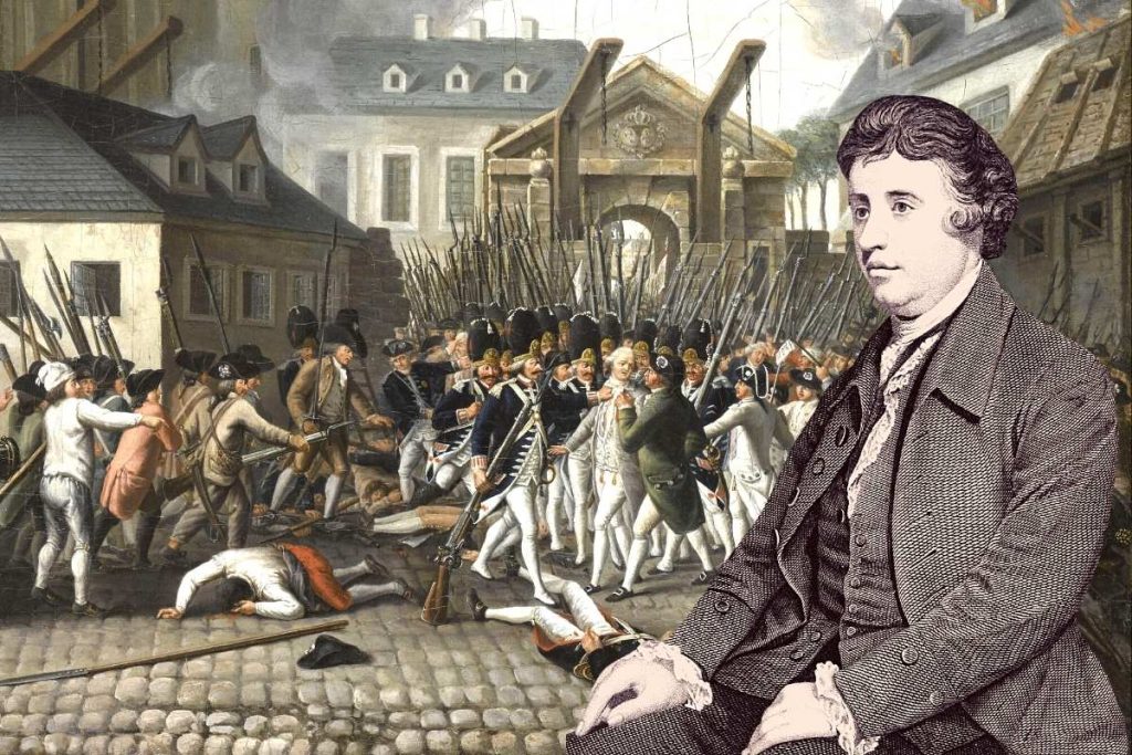 Montage av stormningen av Bastiljen, 14 juli 1789, samt ett porträtt av Edmund Burke.
